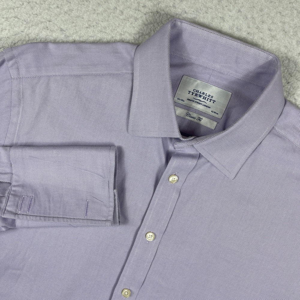 Charles Tyrwhitt Dress Shirt Mens 16.5 35 Purple Classic Fit‎ French Cuff Stripe